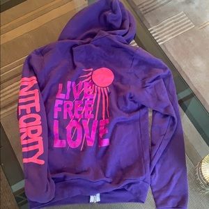 Purple zip up hoody with Live Free Love on back